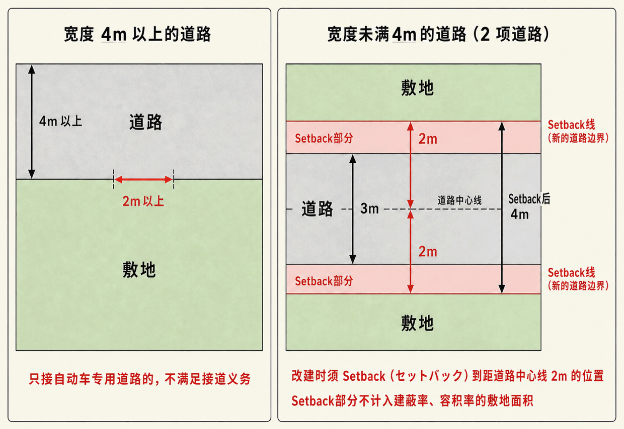 左右并列的俯视平面图。左边是宽度 4m 以上的道路与其下方的敷地，标注道路宽度 4m 以上、敷地接道路 2m 以上，并注明只接自动车专用道路的不满足接道义务；右边是宽度未满 4m 的 2 项道路，现状道路 3m，上下各让出一条 Setback 部分，自道路中心线量到 Setback 线各 2m，两条 Setback 线之间拓宽后为 4m，并注明 Setback 部分不计入建蔽率、容积率的敷地面积