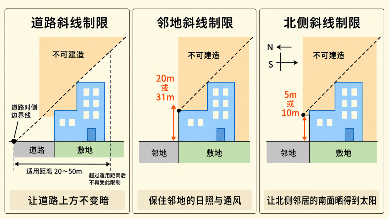 三张并列的断面图，每张下方各写一句立法目的。左边是道路斜线制限，起算点是道路对侧边界线的地面，有文字引线标注道路对侧边界线，虚线自该点向右上方延伸，斜线上方标不可建造，敷地上的建筑物上部被削成阶梯形，地面下方标适用距离 20～50m，右端竖虚线注明超过适用距离后不再受此限制，图下写让道路上方不变暗；中间是邻地斜线制限，起算点在邻地边界线上方 20m 或 31m 处，由竖直箭头标出该高度，建筑物贴着边界线、上部被削成阶梯形，图下写保住邻地的日照与通风；右边是北侧斜线制限，左上角方位标 N 指向左、S 指向右，起算点在北侧边界线上方 5m 或 10m 处，同样由竖直箭头标出，图下写让北侧邻居的南面晒得到太阳。三张图的邻地与道路都用灰色、敷地用绿色、建筑物用蓝色。