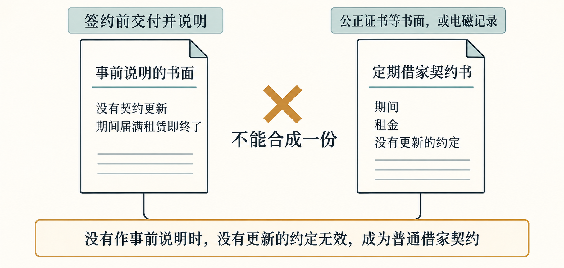 左侧事前说明的书面,签约前交付并说明,写明没有契约更新、期间届满租赁即终了。右侧定期借家契约书,以公正证书等书面或电磁记录订立,记载期间、租金和不更新的约定。两份不能合成一份;没有作事前说明时,不更新的约定无效,成为普通借家契约。