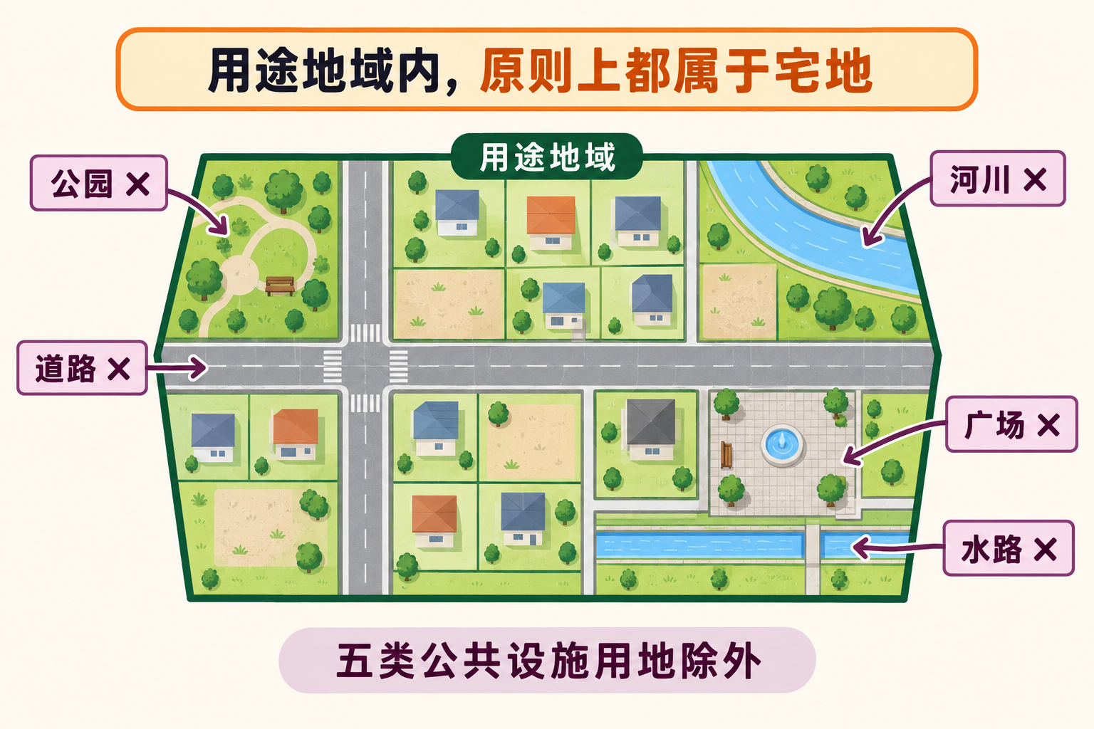 用途地域的俯视街区图。住宅地和空地等普通地块原则上属于宅地；道路、公园、河川、广场、水路五类公共设施用地分别用叉号标为除外。