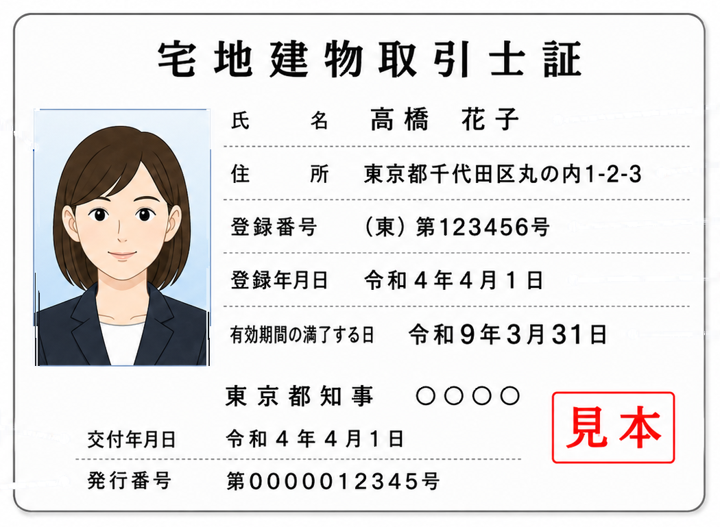 横向宅建士证示意图，证面依次记载照片、姓名、住所、登録番号、登録年月日、有效期间的满了日、交付年月日和发行番号，并有都道府县知事的署名栏
