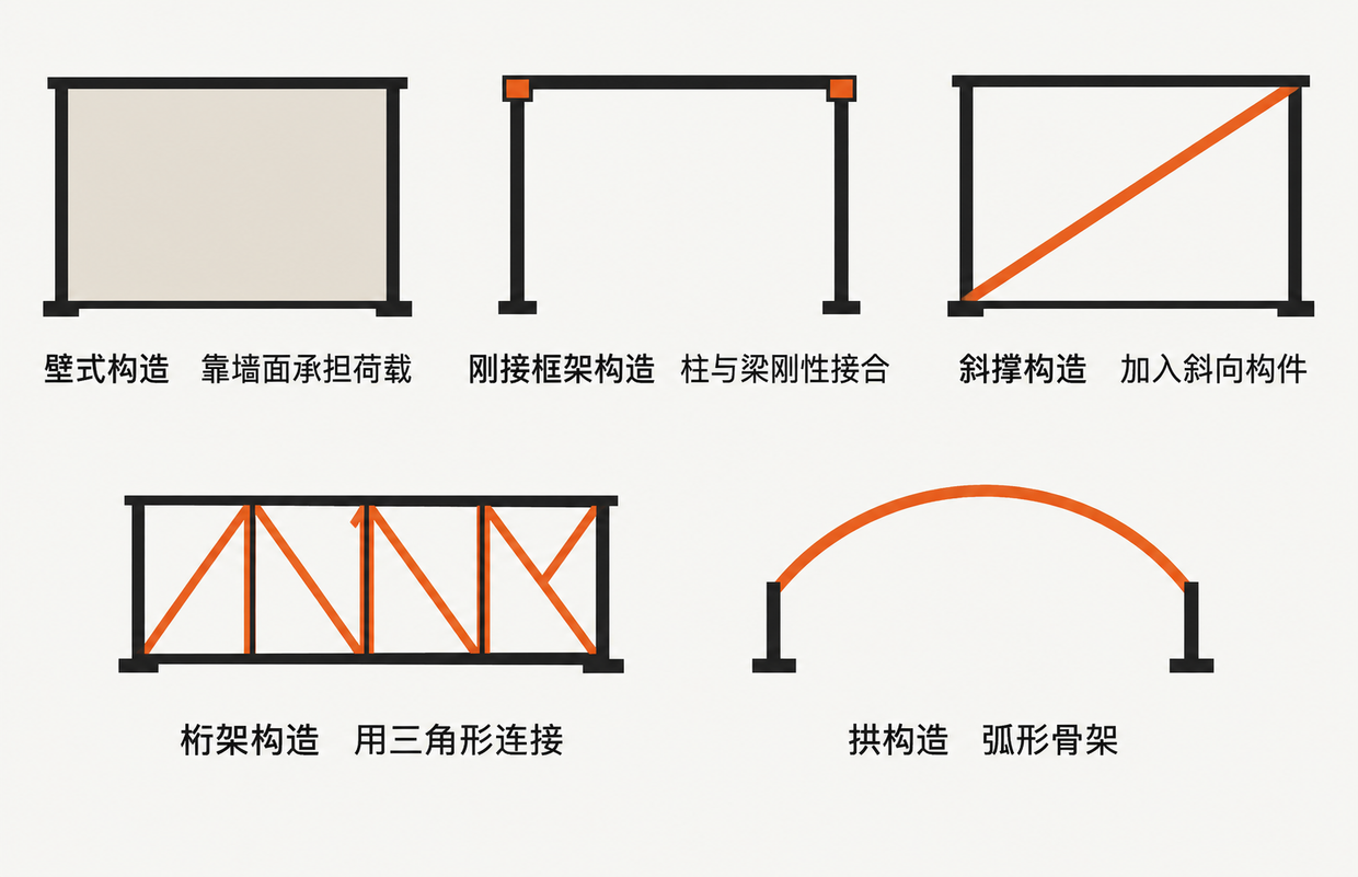 五种骨架形式并列示意。壁式构造靠墙面承担荷载；刚接框架构造的柱与梁刚性接合；斜撑构造加入斜向构件；桁架构造用三角形连接；拱构造使用弧形骨架。