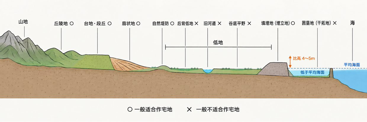 从山地到海的地形断面。丘陵地、台地与段丘、扇状地、自然堤防一般适合作宅地;后背低地、旧河道、谷底平野一般不适合。埋立地比平均海面高 4 至 5m,一般适合;干拓地低于平均海面,一般不适合。