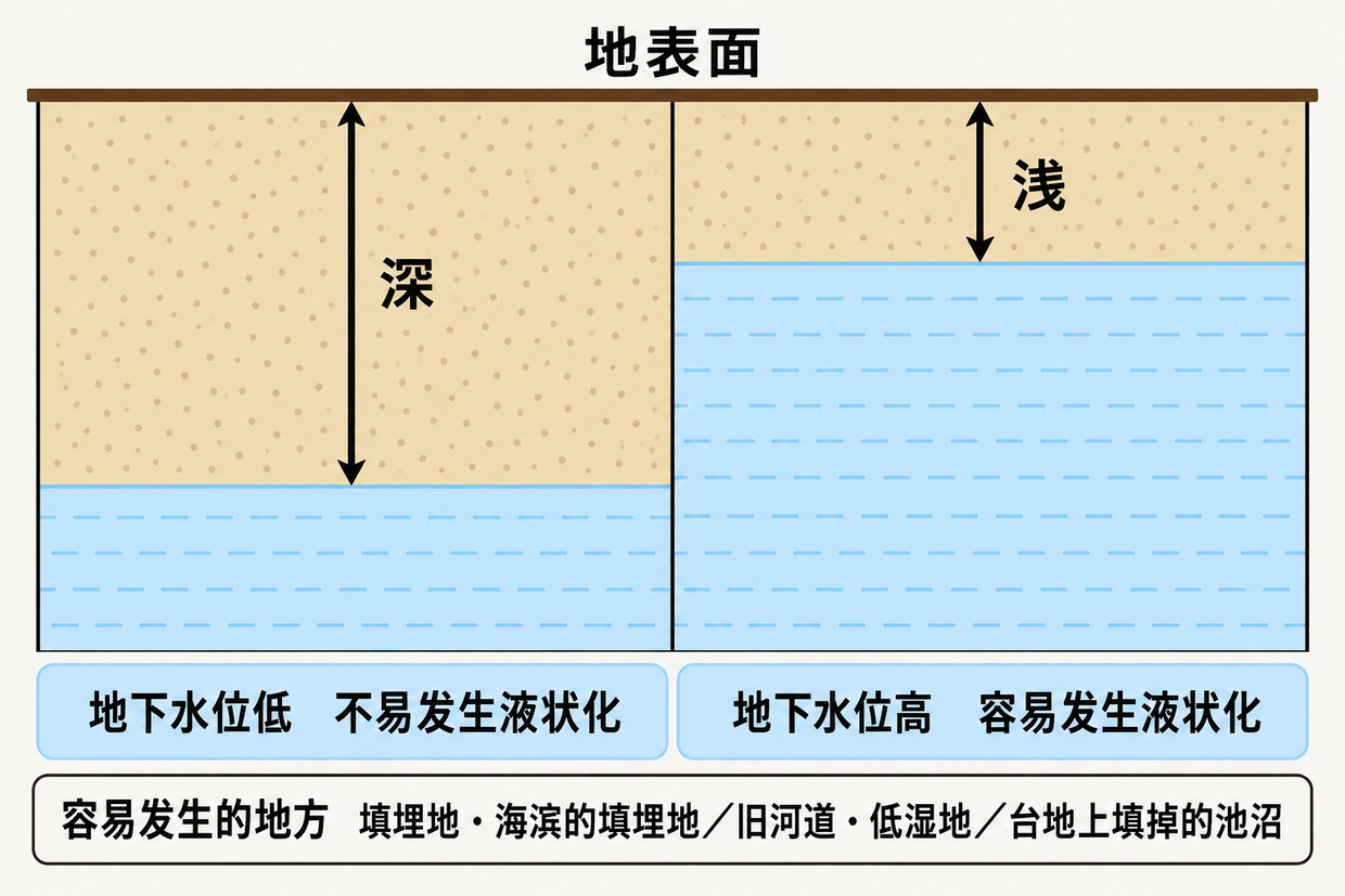 两根相同的地层柱对比。左侧地下水位较深,不易发生液状化;右侧地下水位较浅,容易发生液状化。埋立地、海滨埋立地、旧河道、低湿地与台地上填掉的池沼属于容易发生液状化的地方。