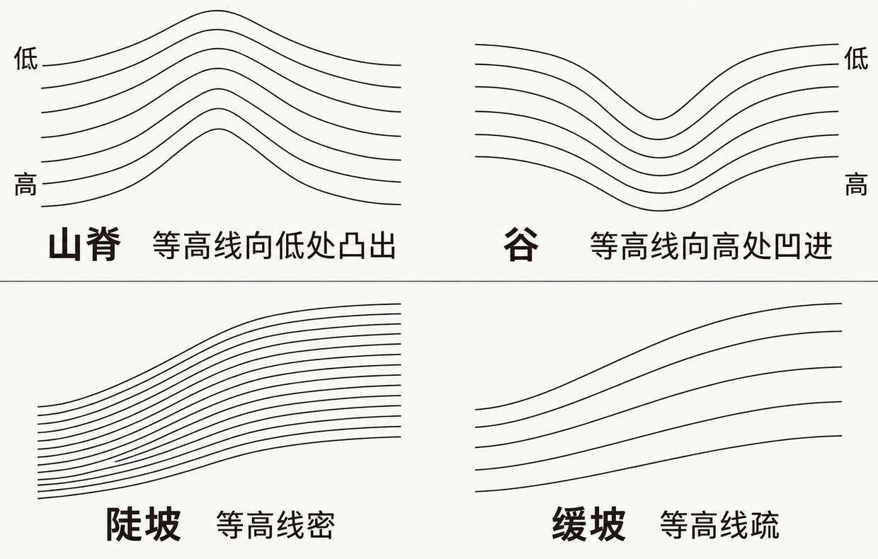 四幅等高线示意图。山脊的等高线向低处凸出,谷的等高线向高处凹进;陡坡的等高线排列密,缓坡的等高线排列疏。