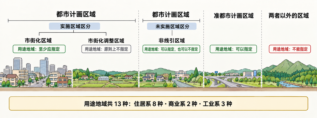 横向地景依次展示用途地域的指定范围。实施区域区分的都市计画区域分为市街化区域与市街化调整区域:市街化区域至少应指定用途地域,市街化调整区域原则上不指定。未实施区域区分的都市计画区域称为非线引区域,可以指定,也可以不指定用途地域。准都市计画区域可以指定用途地域;两者以外的区域不能指定。用途地域共 13 种,包括住居系 8 种、商业系 2 种、工业系 3 种。